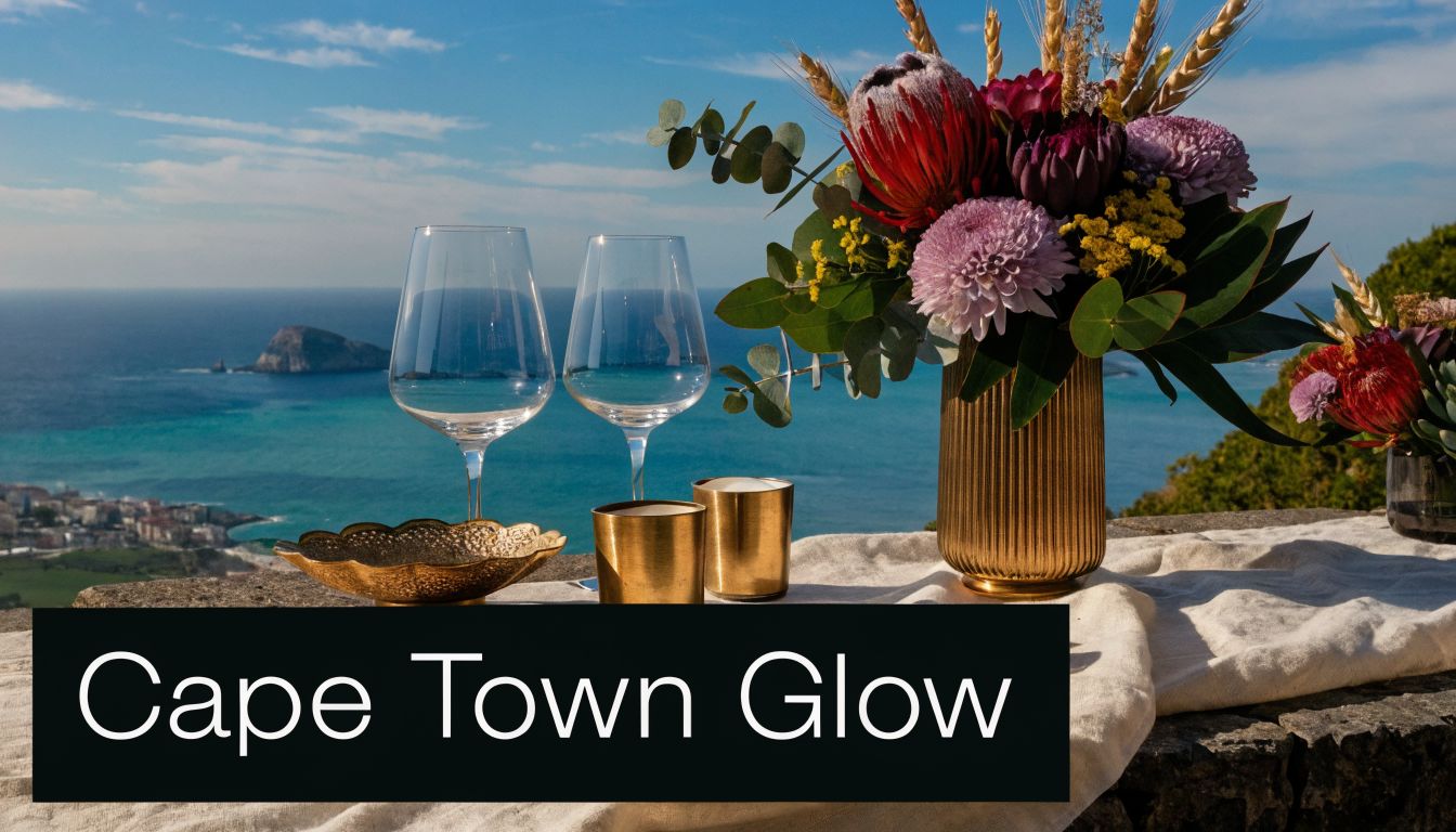 Two wine glasses and gold candle holders set beside a vibrant floral bouquet overlooking the ocean.