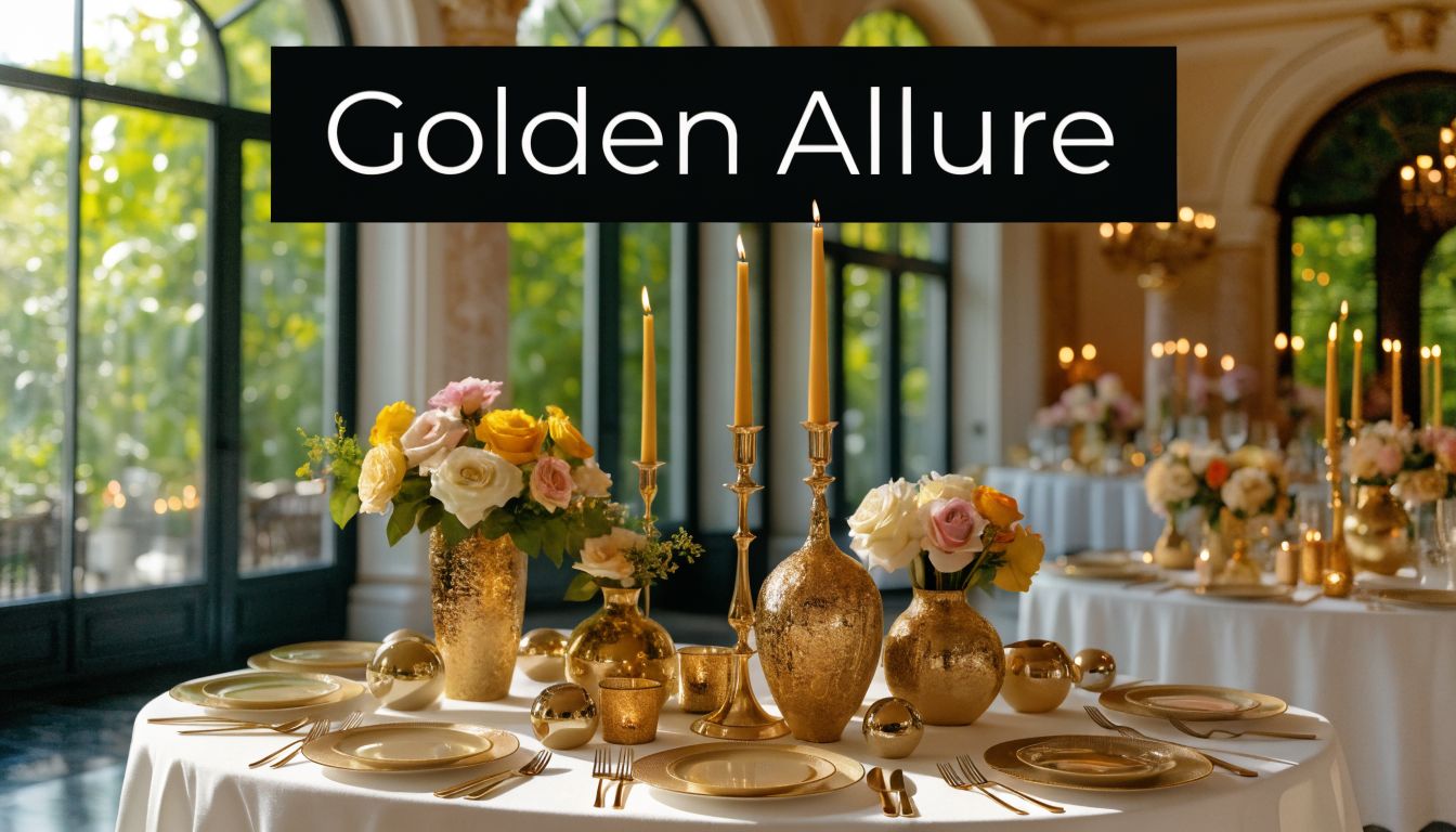 A luxurious wedding table setting featuring elegant gold vases, blooming roses, and tall glowing candles.