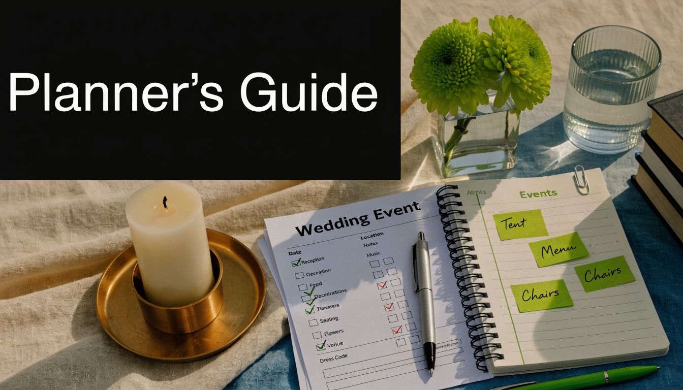 A wedding planner journal with a gold candle holder on a table next to fresh flowers.