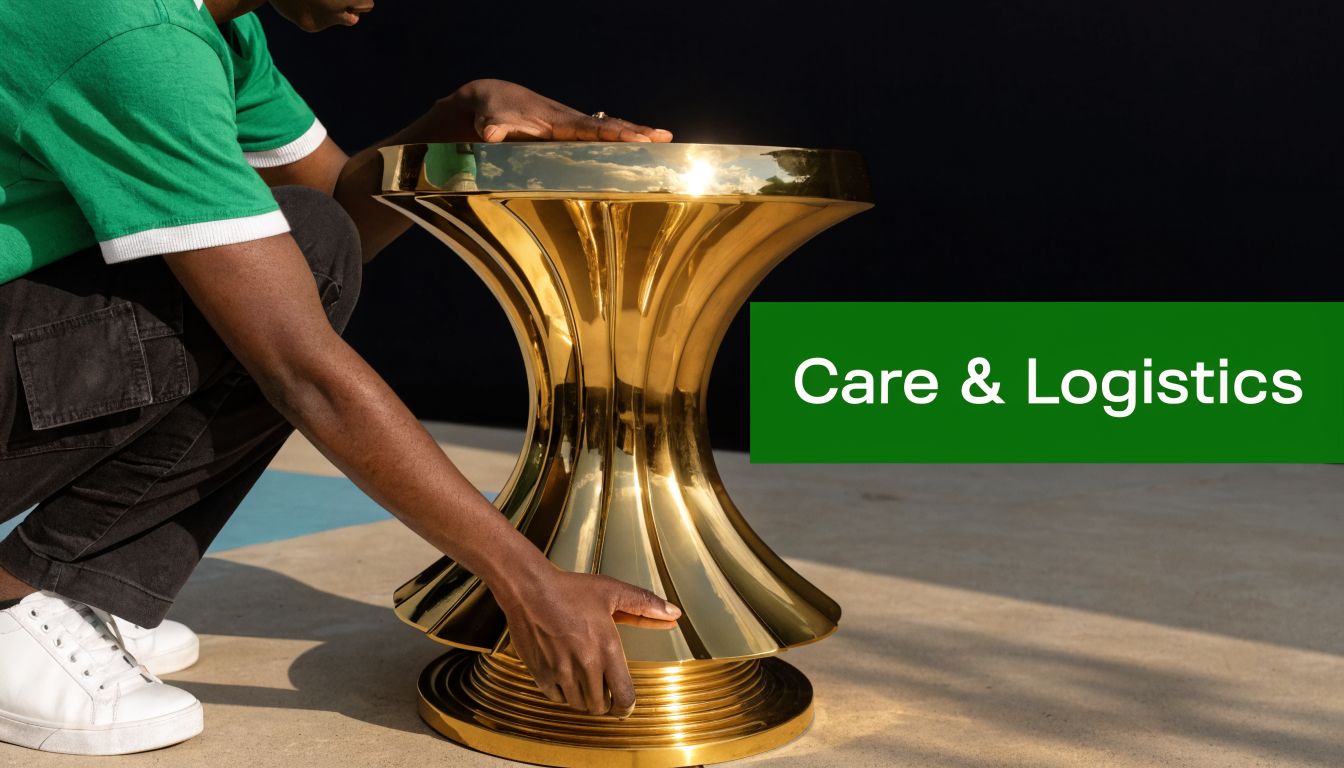 A person crouching down while carefully positioning a polished gold side table on a paved outdoor surface.