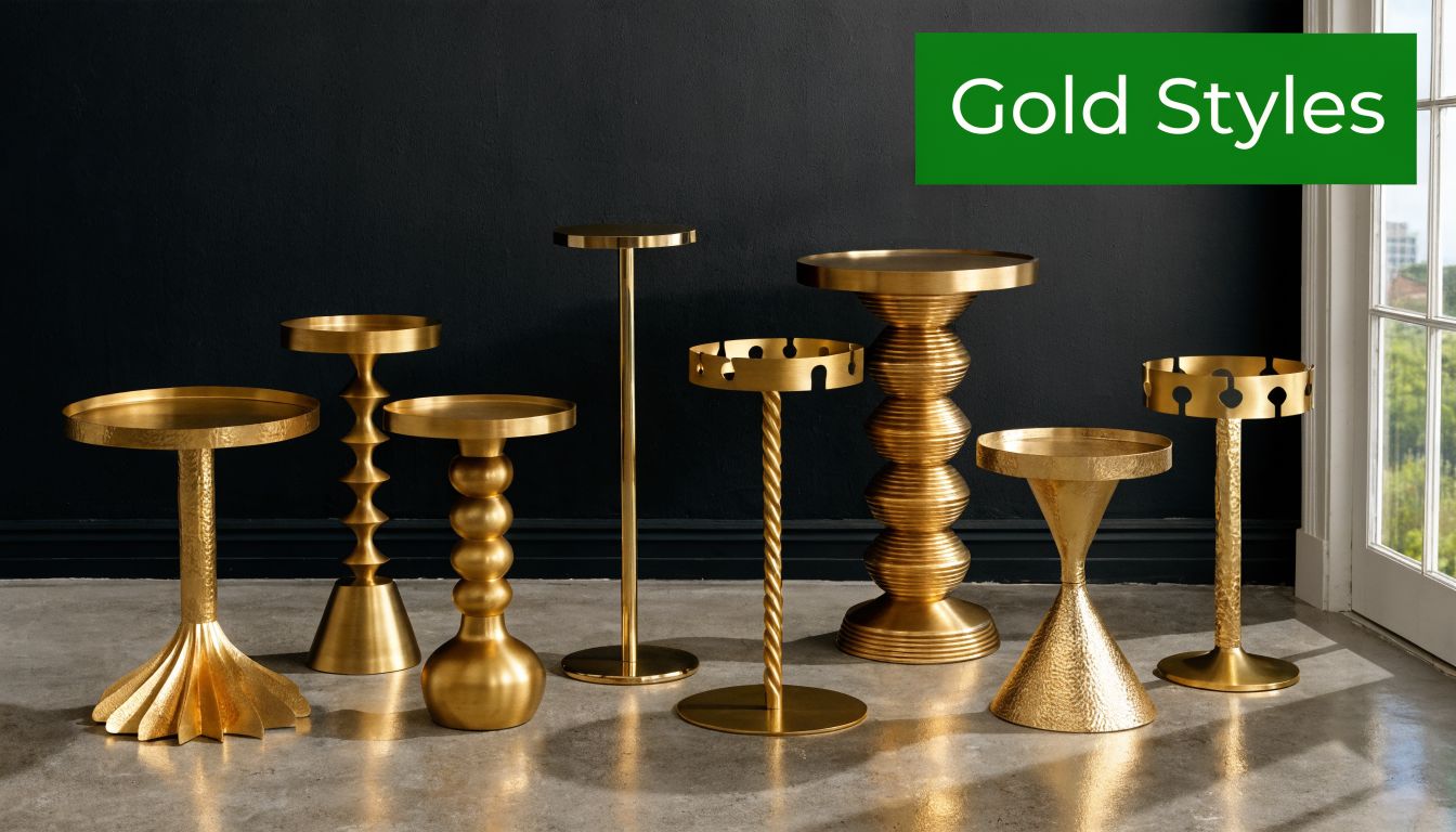 A collection of various gold side tables with unique designs arranged against a dark wall background.