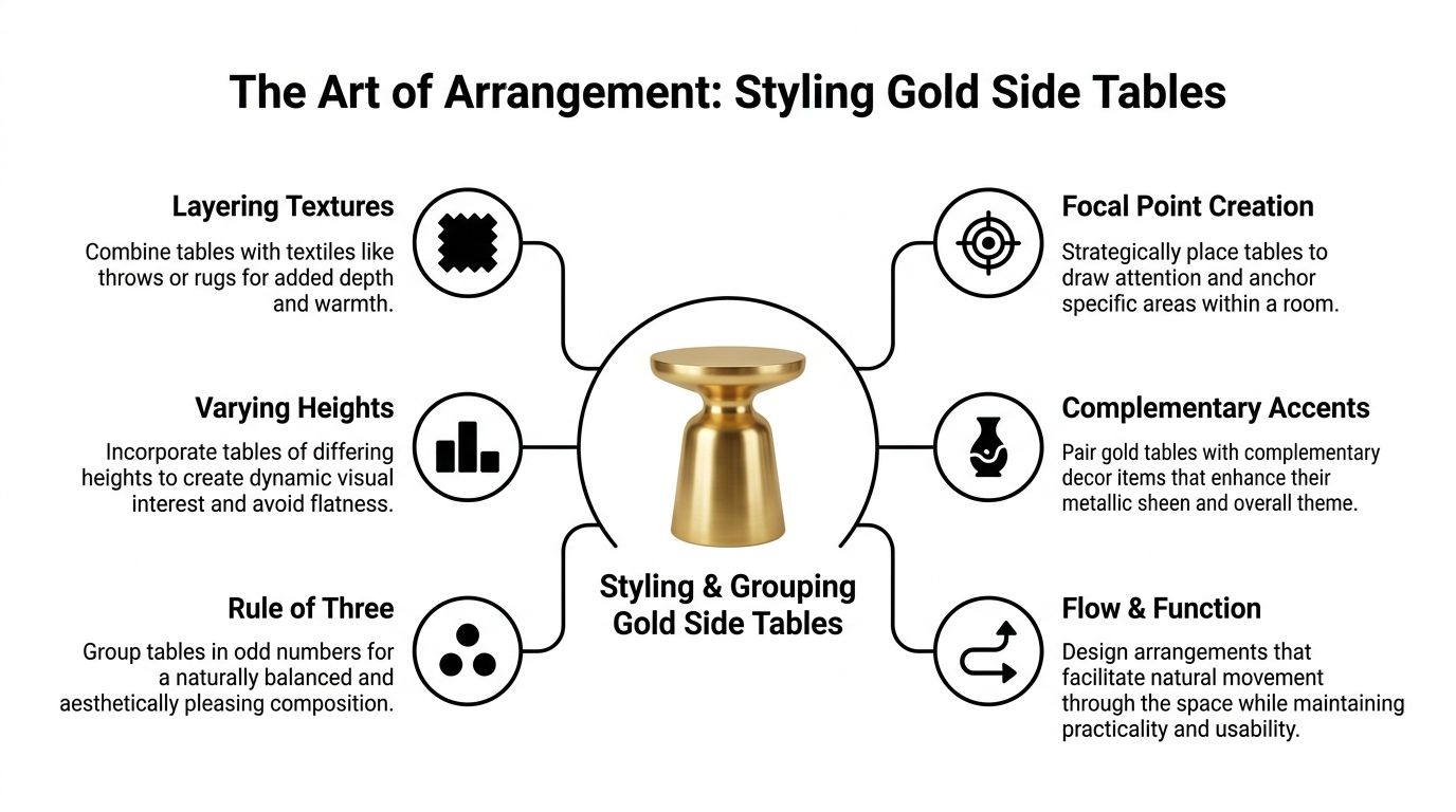 An infographic titled The Art of Arrangement showing six tips for styling gold side tables.