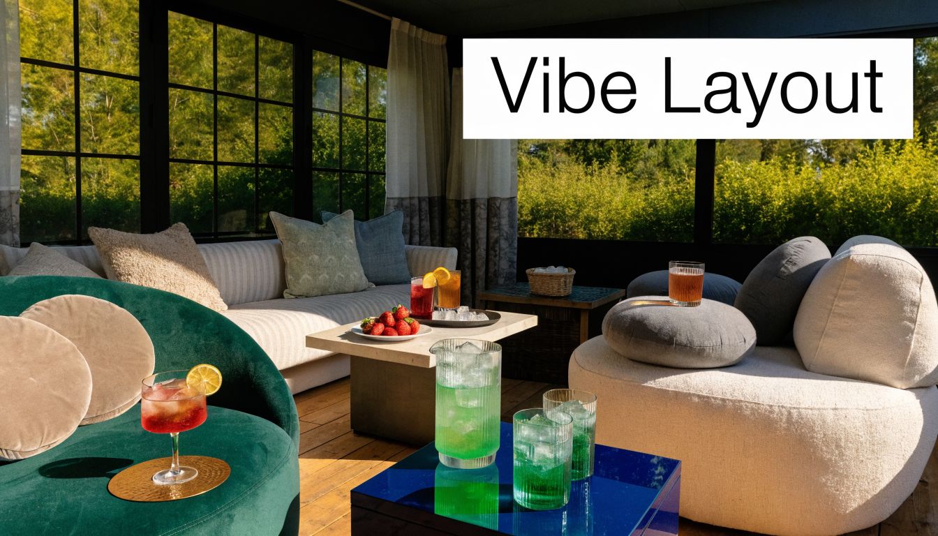A cozy, sunlit indoor lounge area featuring modern seating, colorful drinks, and fresh fruit for hosting.