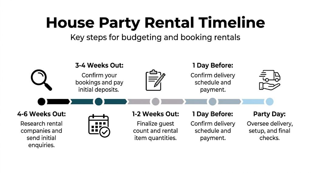 A house party rental timeline infographic outlining key steps for budgeting and booking event equipment rentals.