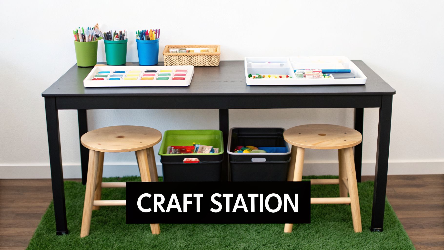A colorful kids' craft station with a black table, two wooden stools, and organized art supplies on a green rug.
