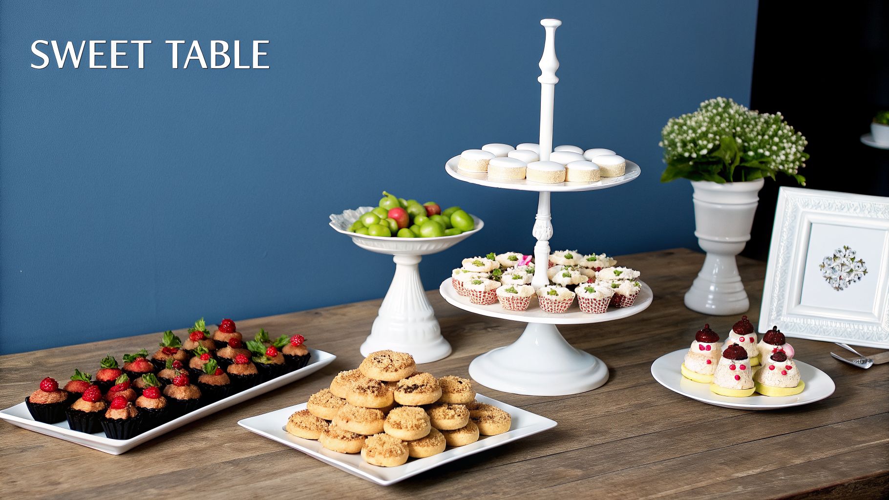 A sweet table filled with various desserts, including cupcakes, cookies, and cakes, for a party.