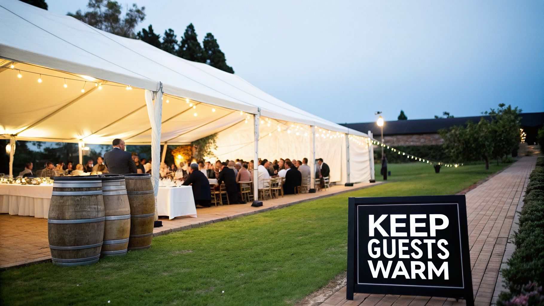 Guests enjoy an evening event under a large lighted tent with a 'Keep Guests Warm' sign.
