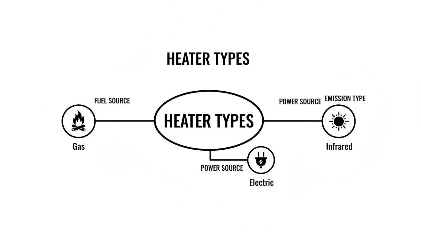 A diagram illustrating heater types based on fuel source (Gas), power source (Electric), and emission type (Infrared).