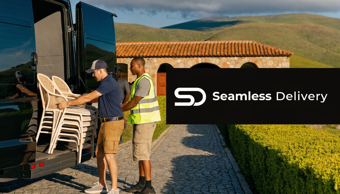 Two delivery workers in casual clothing and safety gear unloading stacked chairs from a black delivery van.