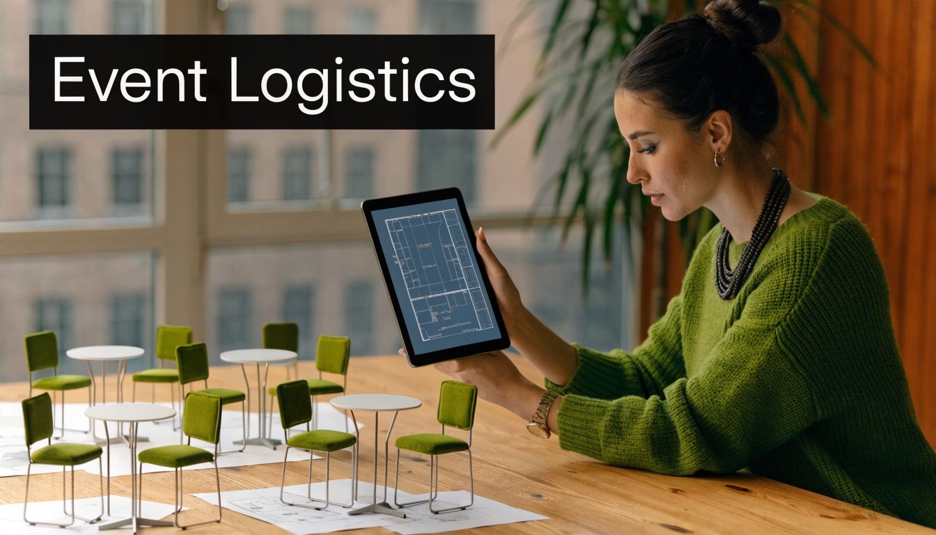 A professional woman examining event floor plan layouts on a tablet while miniature furniture models are arranged nearby.