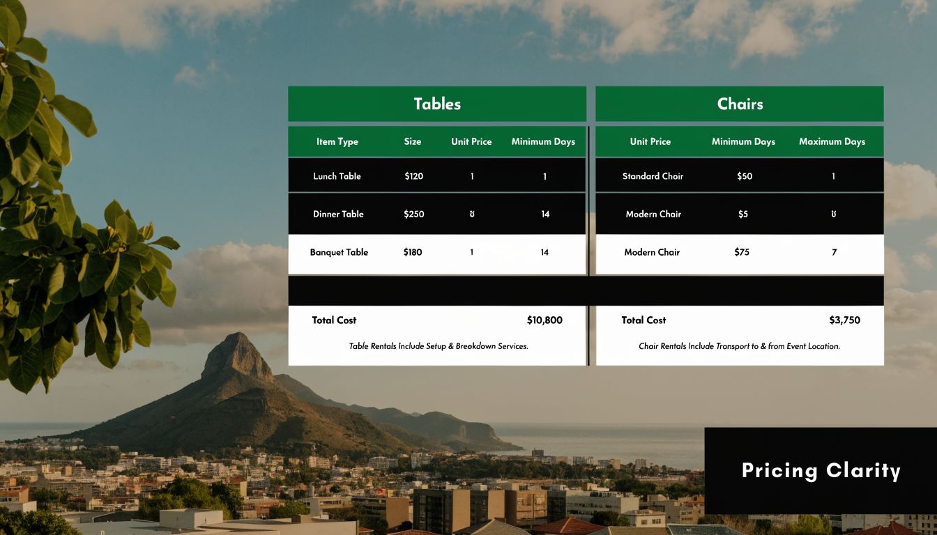 A table detailing rental pricing for lunch, dinner, and banquet tables alongside various chair options for events.