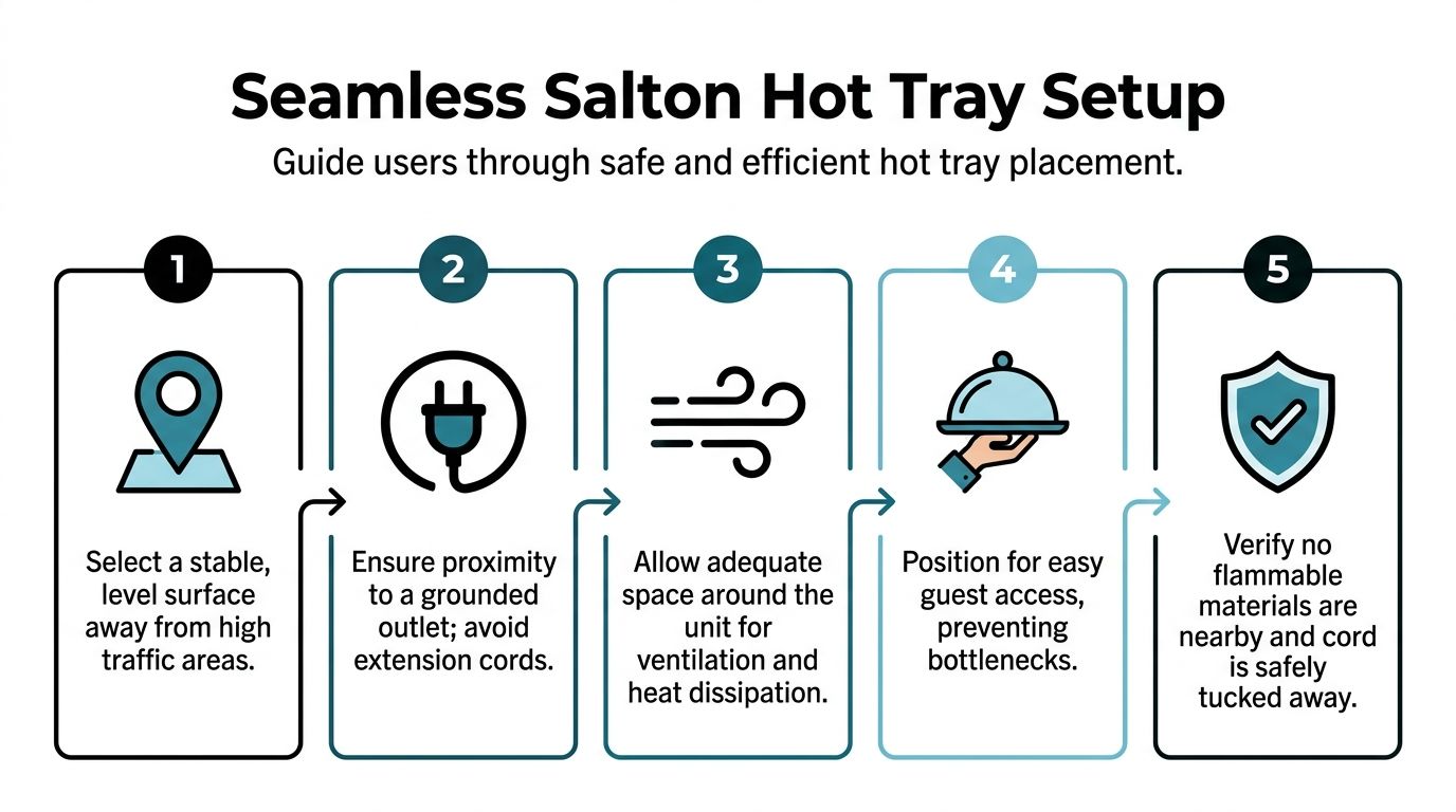 A five-step guide on how to safely set up a Salton hot tray for food service.
