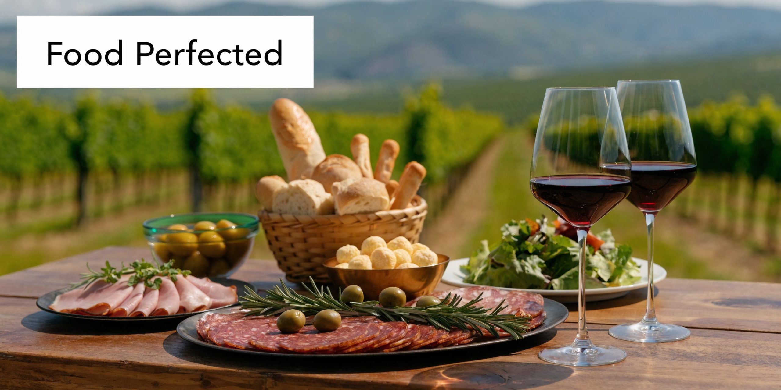 A scenic table setting with red wine, bread, meat, and cheese overlooking a vineyard during daytime.