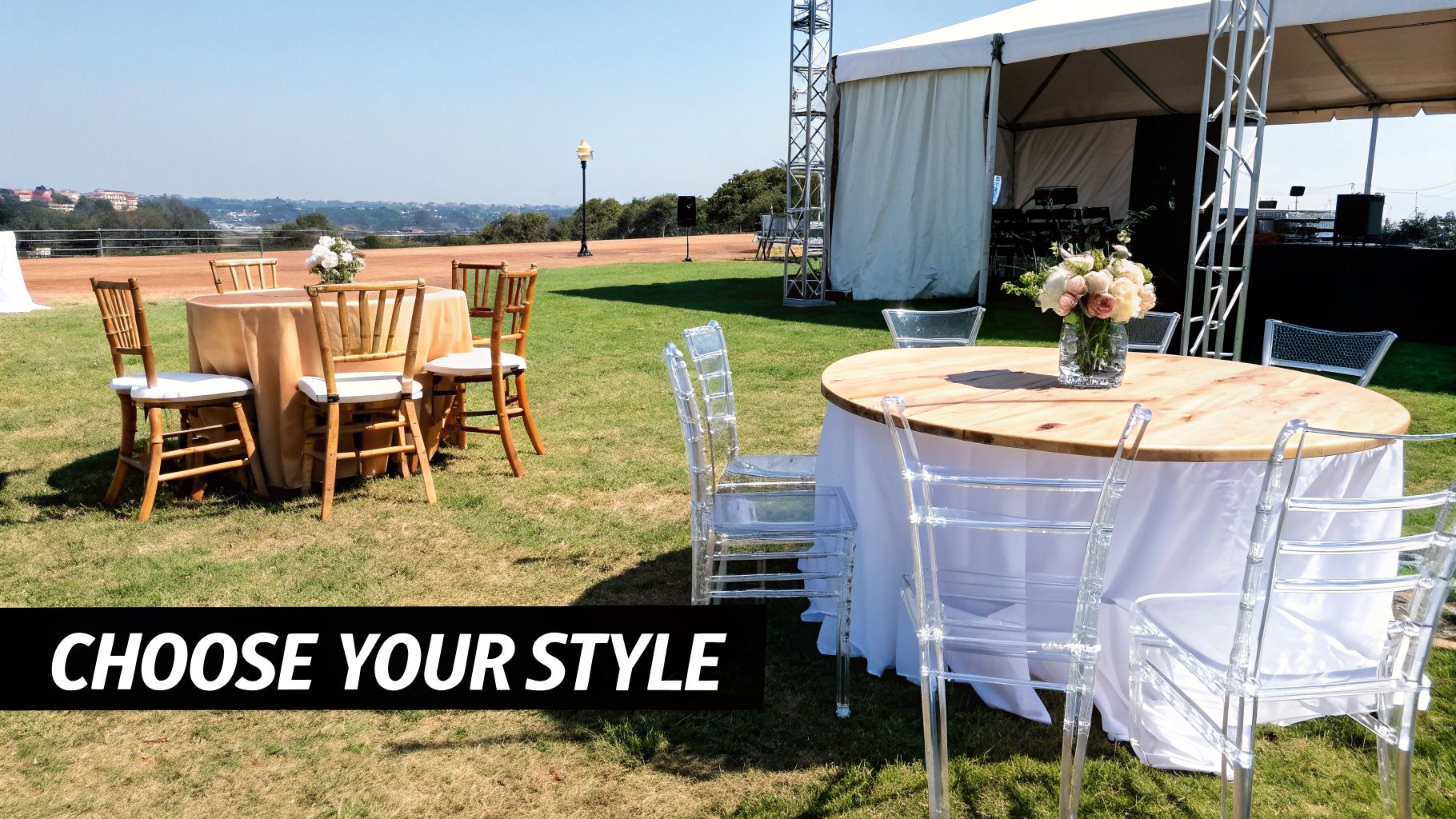 Outdoor event setup showcasing two distinct table and chair styles for rental on a sunny lawn.