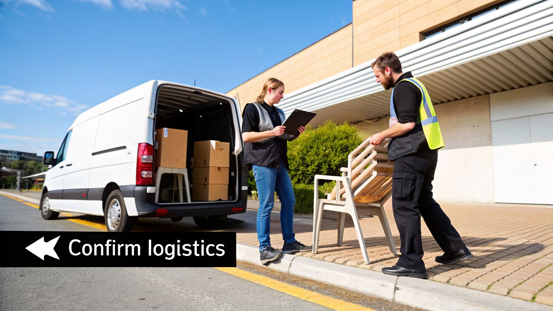 Two logistics workers confirm items, one holding a clipboard while the other carries stacked chairs from a white delivery van.