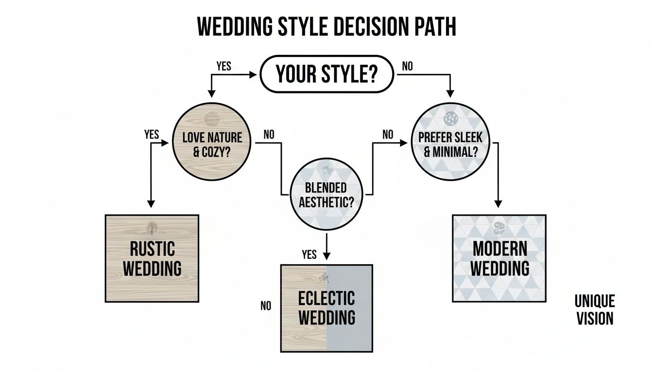 A wedding style decision path flowchart, guiding users to Rustic, Eclectic, or Modern wedding styles.