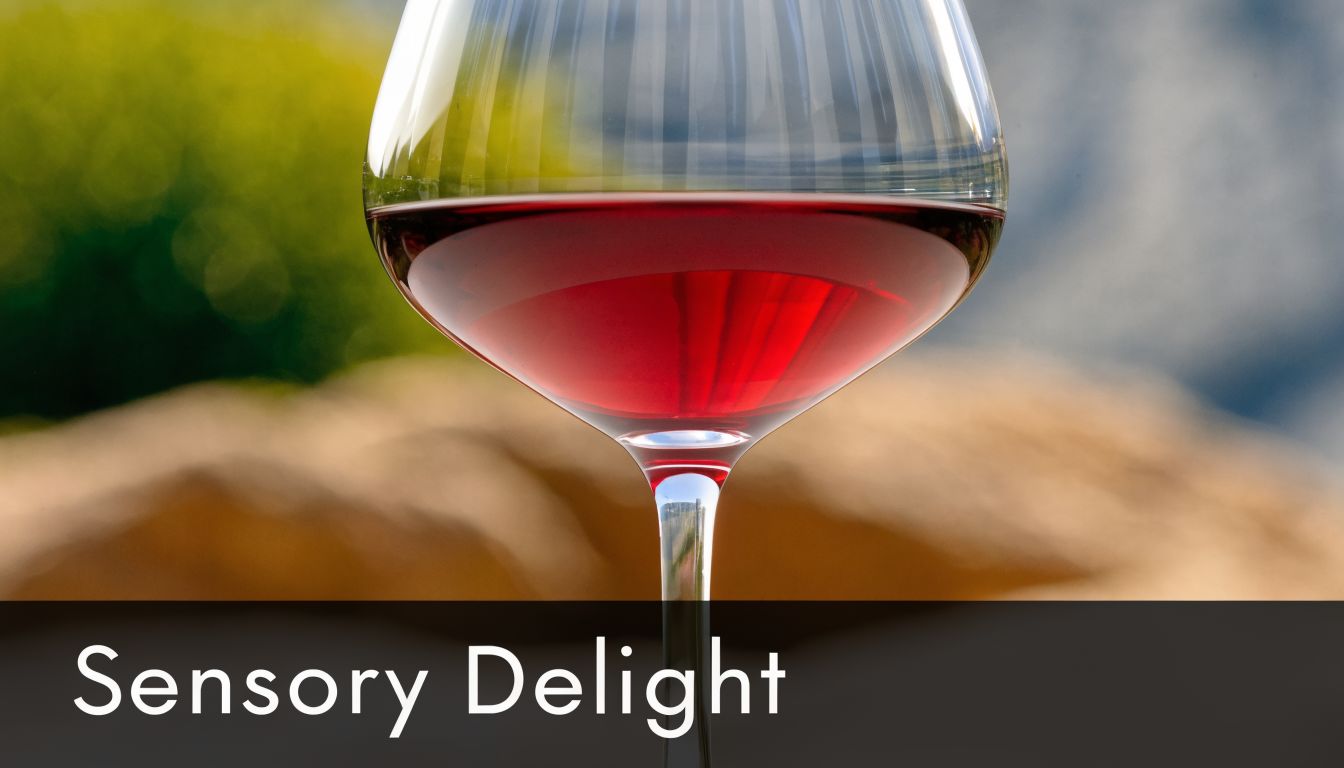 A close-up view of a crystal wine glass filled with deep red wine against a blurred background.