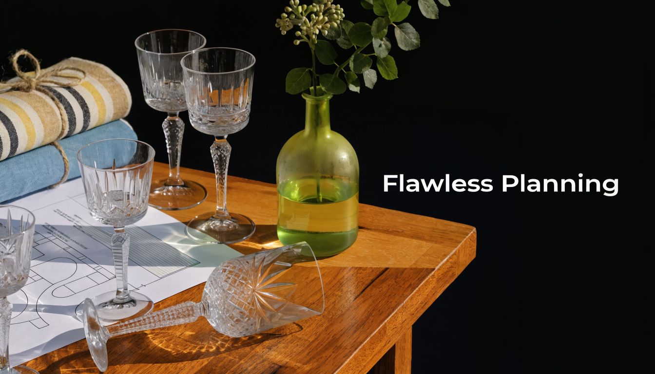 Several crystal wine glasses are arranged on a wooden table alongside a green vase and architectural plans.