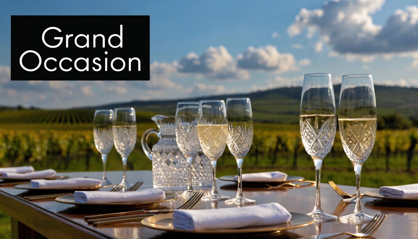 A sophisticated table setting with crystal wine glasses and white napkins at a vineyard during a sunny day.