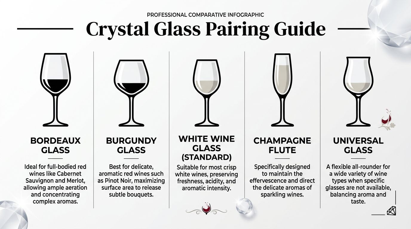 An infographic titled Crystal Glass Pairing Guide, showing five different wine glass types with descriptions for each.