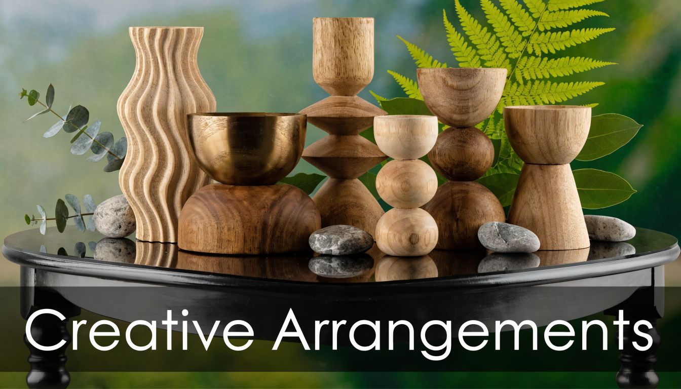 A collection of wooden candle holders and a textured vase displayed on a black reflective table.