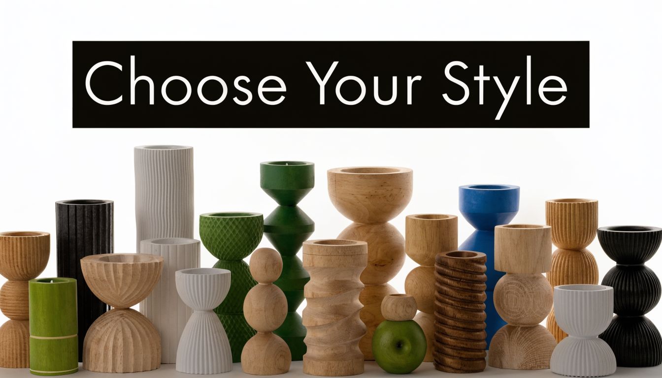 A diverse collection of modern wooden candle holders in various shapes, sizes, and colors against a white background.