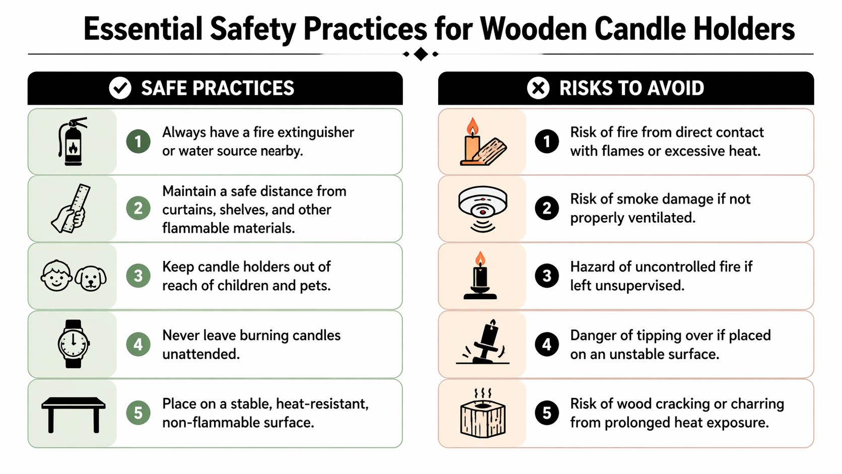 A safety infographic titled Essential Safety Practices for Wooden Candle Holders listing safe practices and risks.