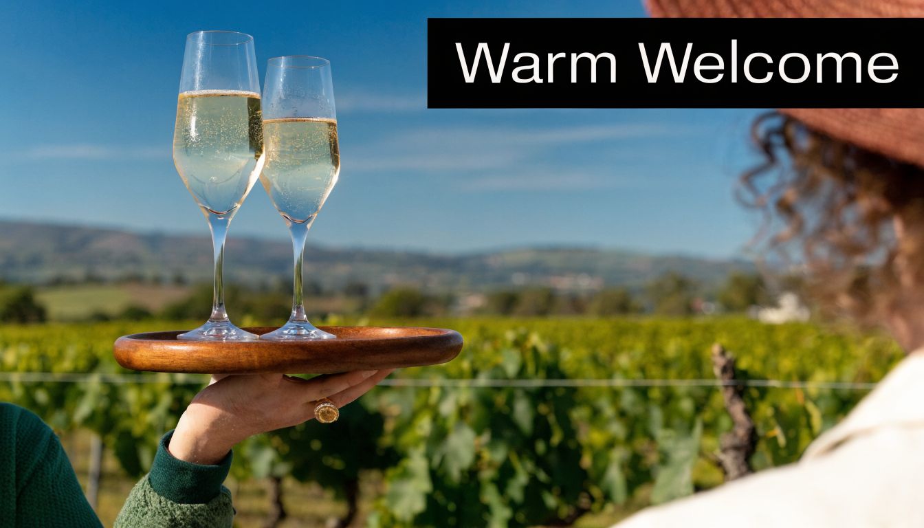 A hand holds a wooden tray with two champagne flutes against a sunny vineyard background.