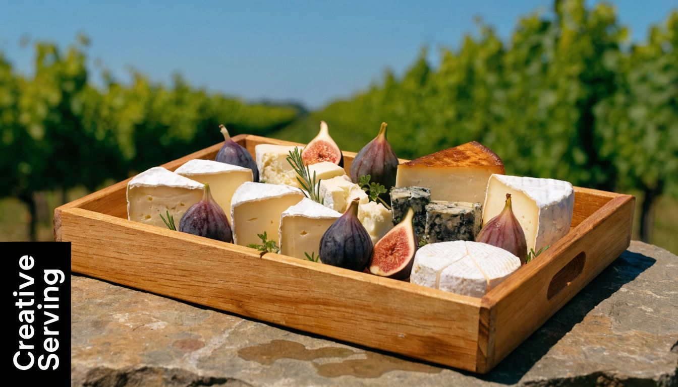 A wooden tray holding an assortment of gourmet cheeses and fresh figs in a sunny vineyard.