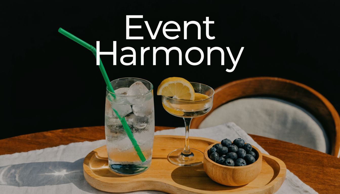 A wooden tray holding a refreshing drink, a lemon-garnished cocktail, and a small bowl of fresh blueberries.