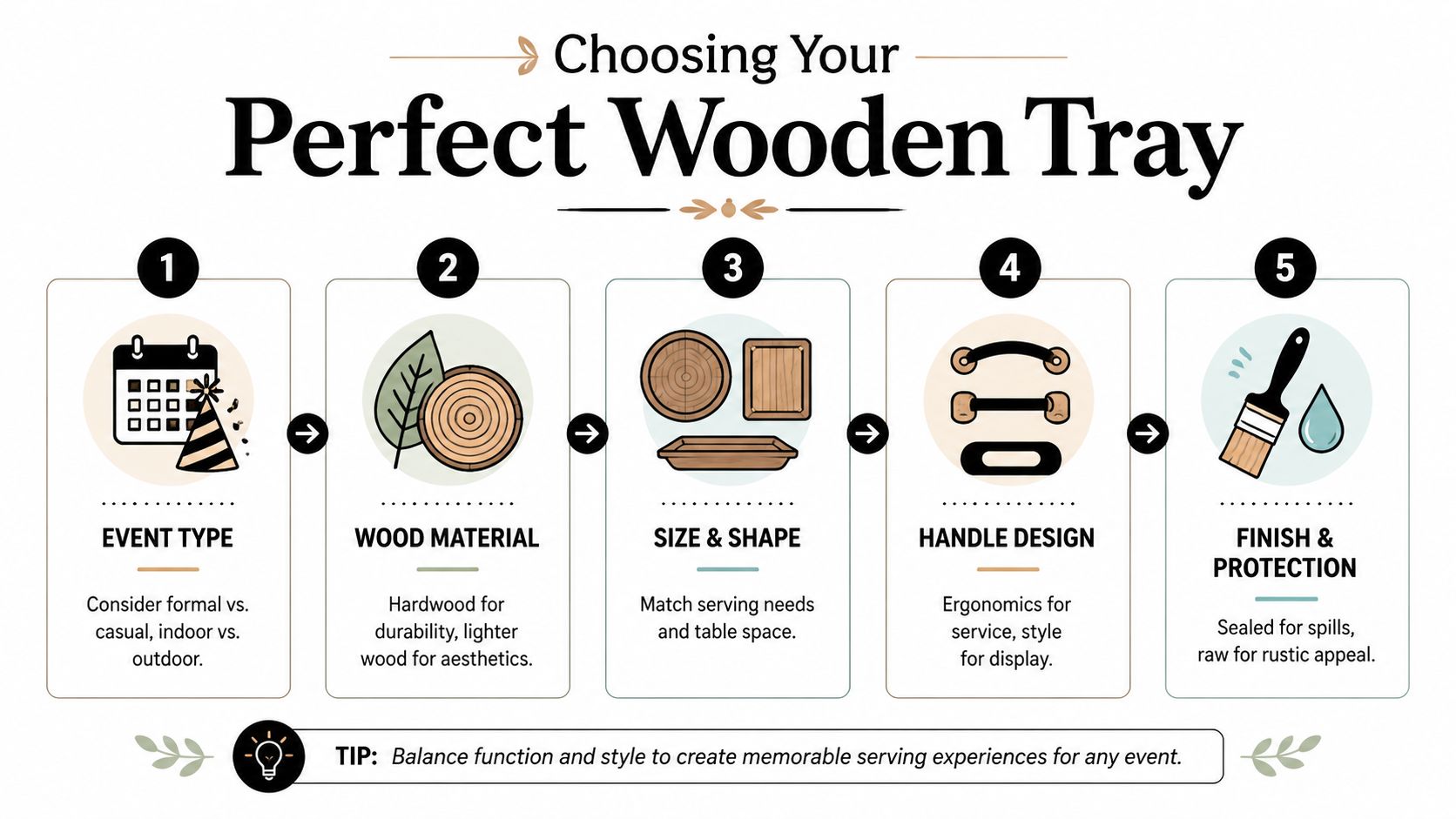 A step-by-step infographic titled Choosing Your Perfect Wooden Tray showing five key selection factors for serving trays.
