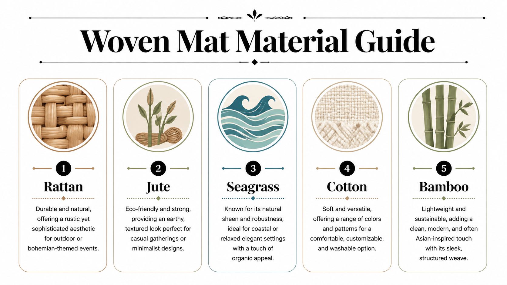 An infographic displaying five different types of woven mat materials including rattan, jute, seagrass, cotton, and bamboo.