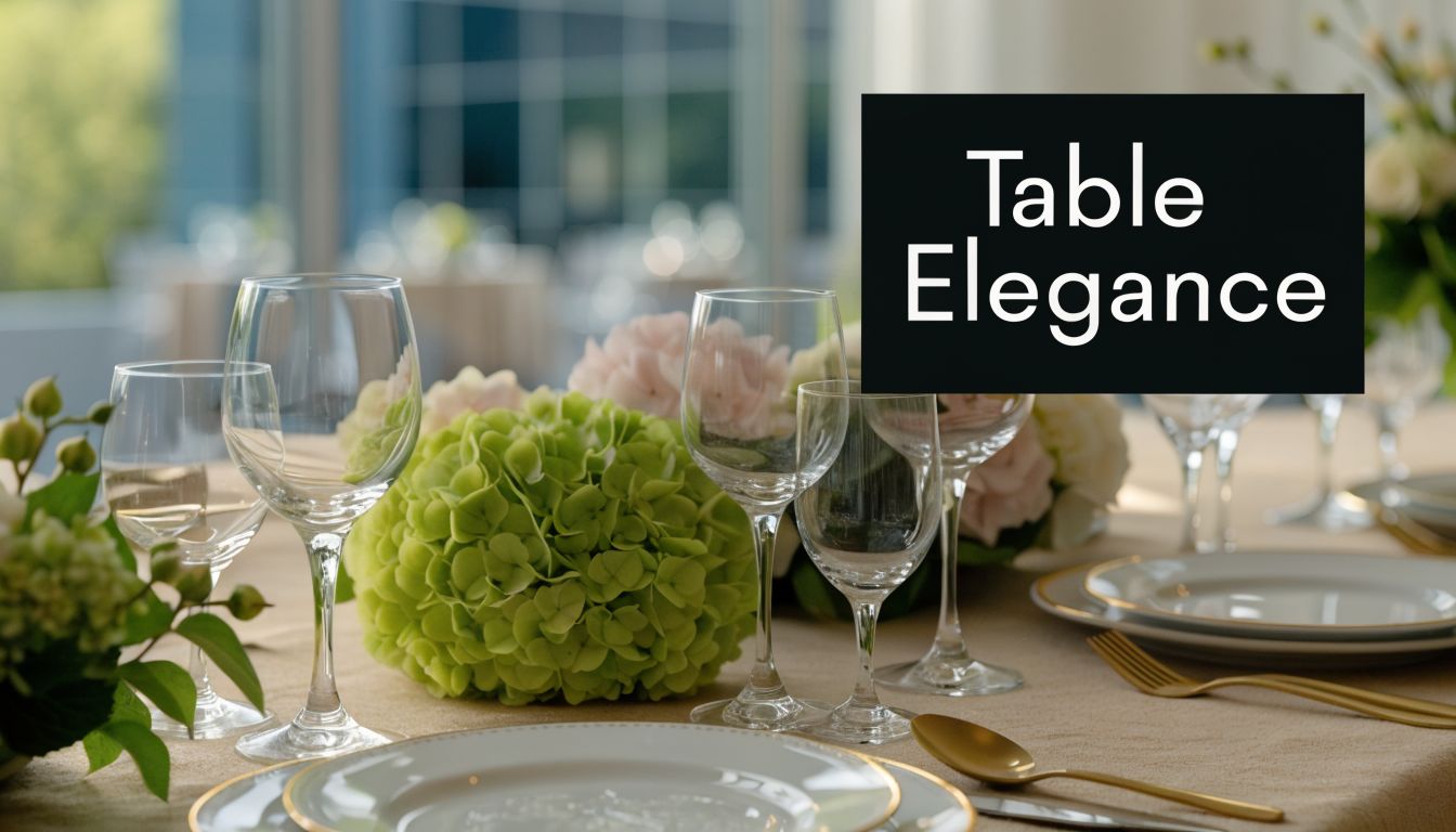 A beautifully set dining table with elegant glasses, golden cutlery, and lush green hydrangea centerpieces for events.