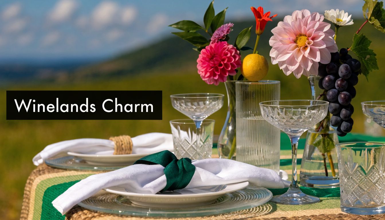An elegant outdoor table setting with fresh flowers, grapes, and wine glasses, featuring the text Winelands Charm.