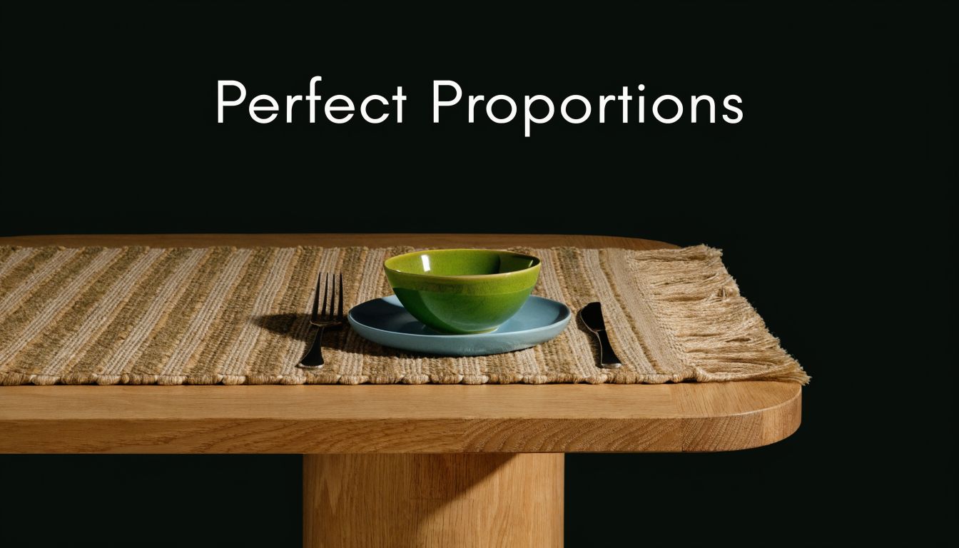 A green bowl on a blue plate placed on a woven table mat on a wooden table.
