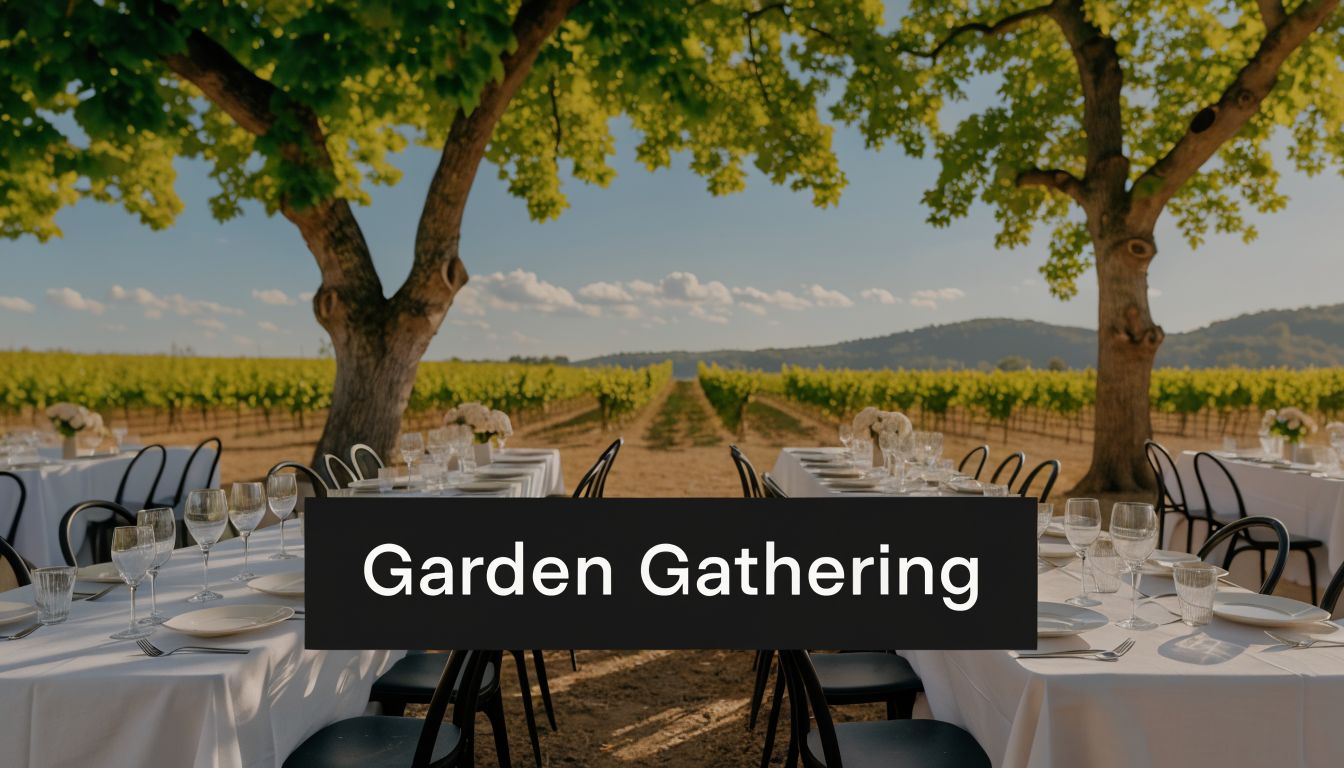 An outdoor dining setup with white tablecloths and elegant place settings overlooking a beautiful vineyard landscape.