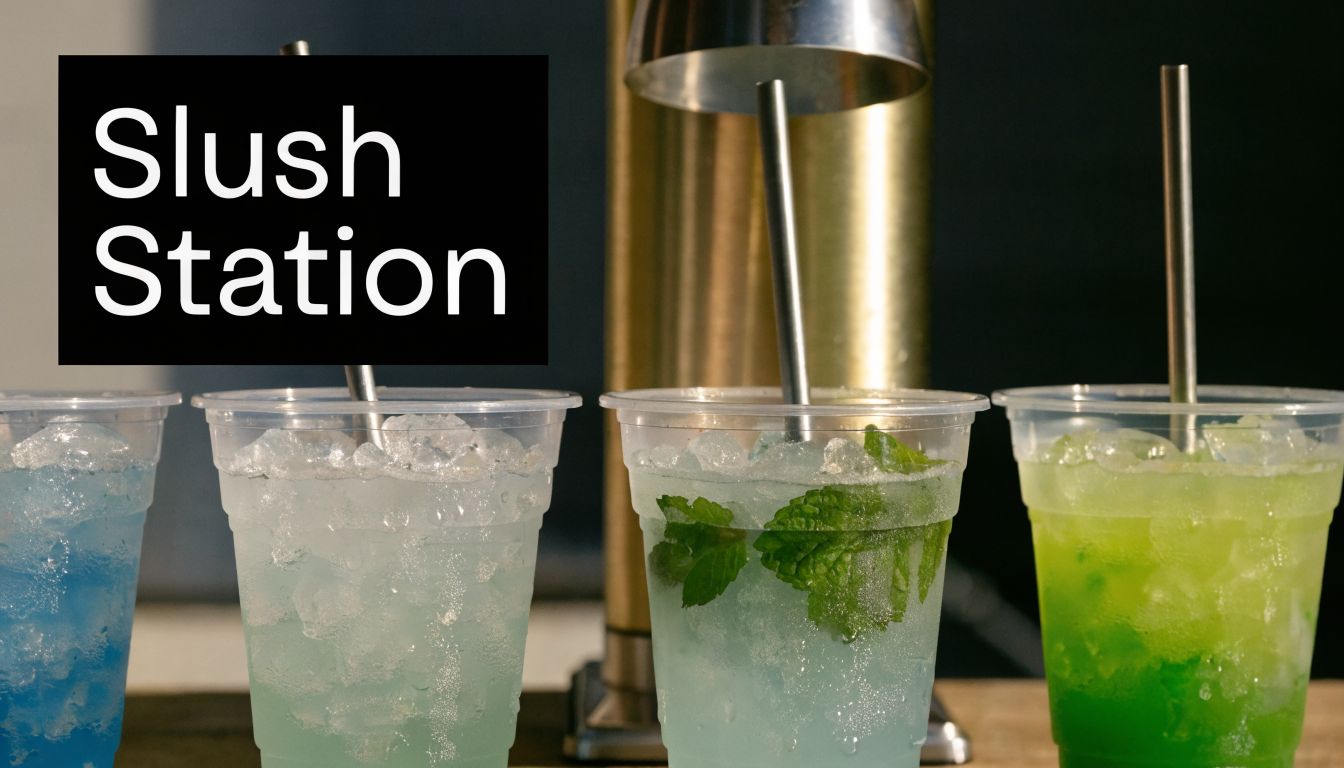 A row of colorful slushy drinks in plastic cups with metal straws at a party slush station.