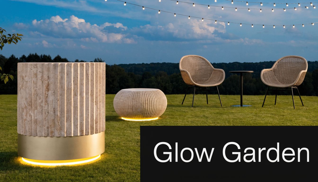 A sophisticated outdoor garden lounge area featuring stone furniture with warm glow lighting at dusk.