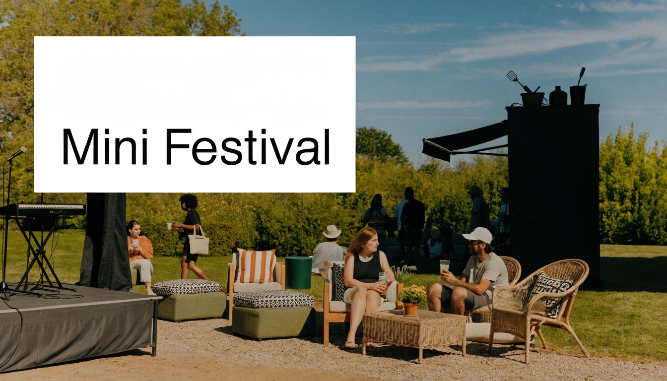 A relaxed outdoor mini festival setting with people lounging in comfortable chairs on a gravel patio.