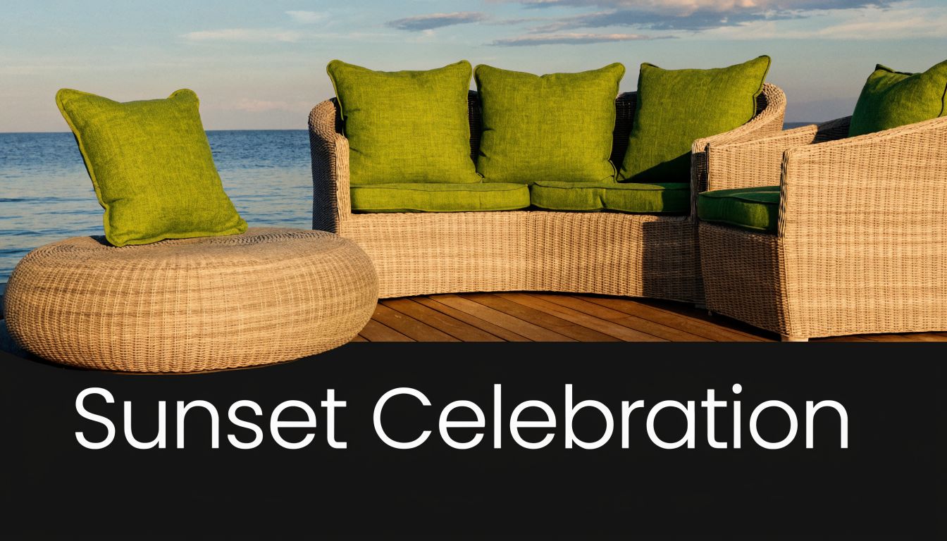 Outdoor wicker patio furniture set with vibrant green cushions placed on a deck at sunset.