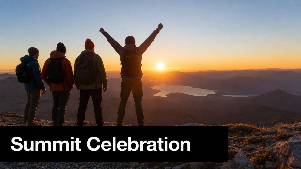 A group of four hikers stands on a mountain summit celebrating while watching a beautiful sunset.