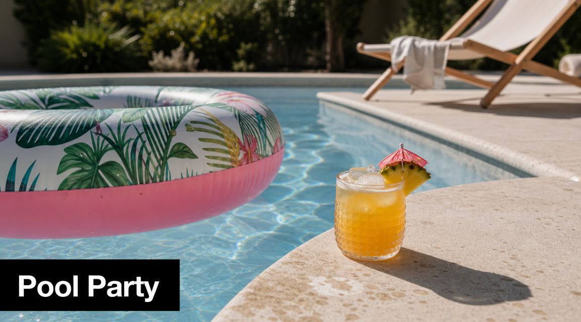A refreshing cocktail with a pineapple garnish sits beside a colorful tropical pool float in a pool.
