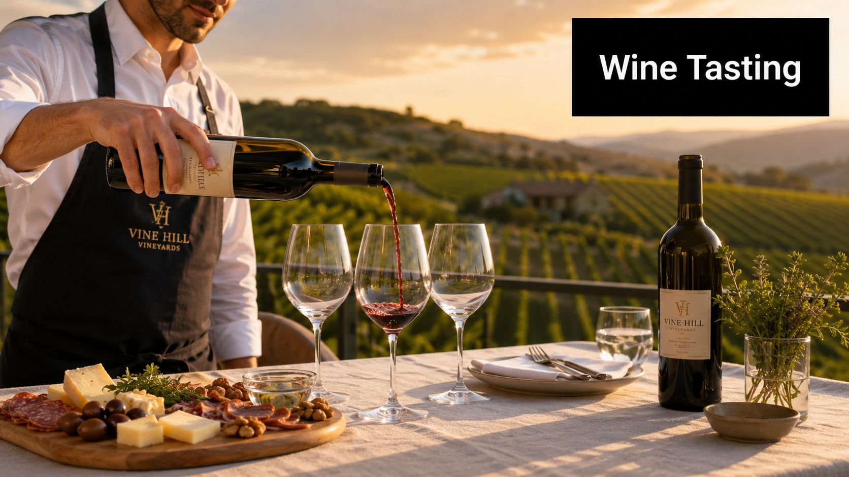 A server pours red wine into a glass on a table set with snacks overlooking a vineyard.
