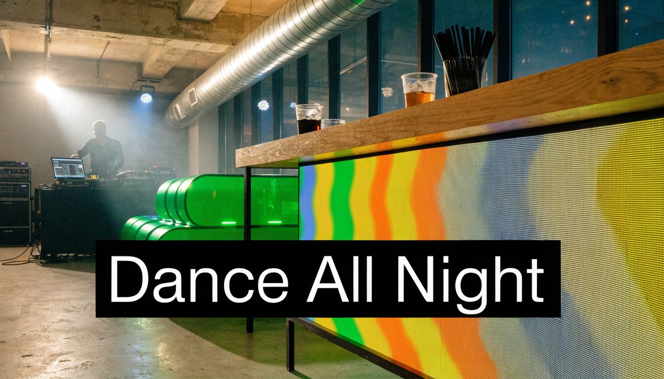 A modern, colorful LED-lit bar counter at a nightclub event with a DJ performing in the background.
