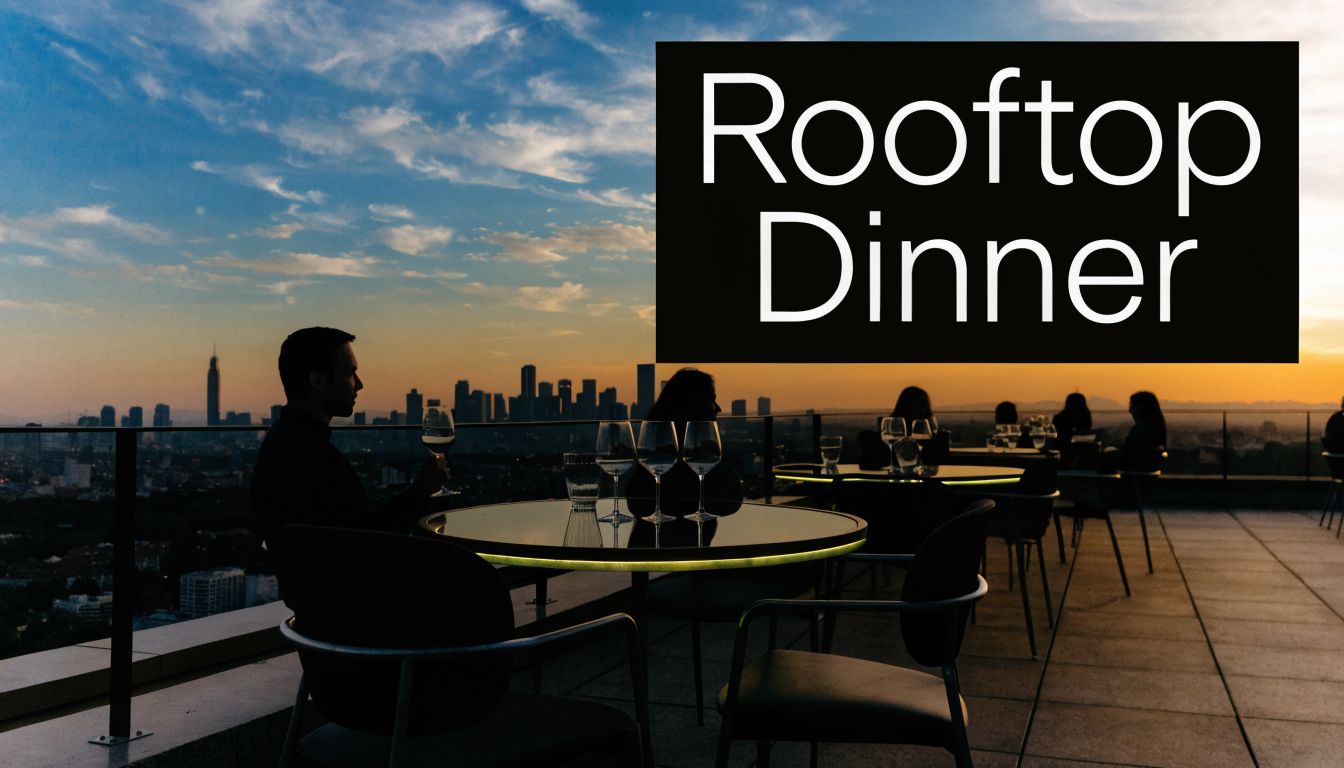 Silhouetted couple enjoying drinks at an elegant outdoor rooftop restaurant overlooking the city skyline during sunset.