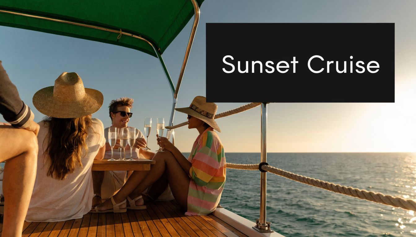 A group of friends enjoying a scenic sunset cruise on a boat while drinking champagne together.
