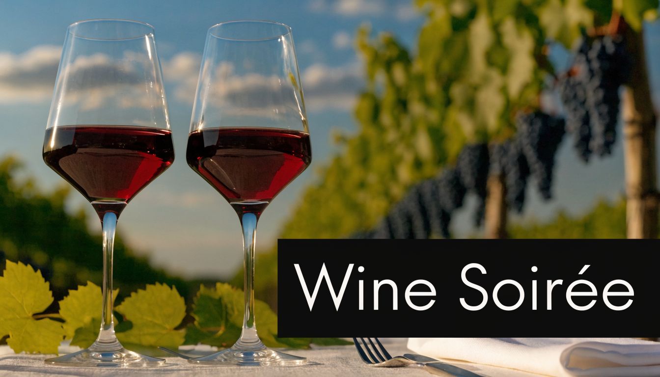 Two glasses of red wine set on a table in front of a vineyard at sunset.