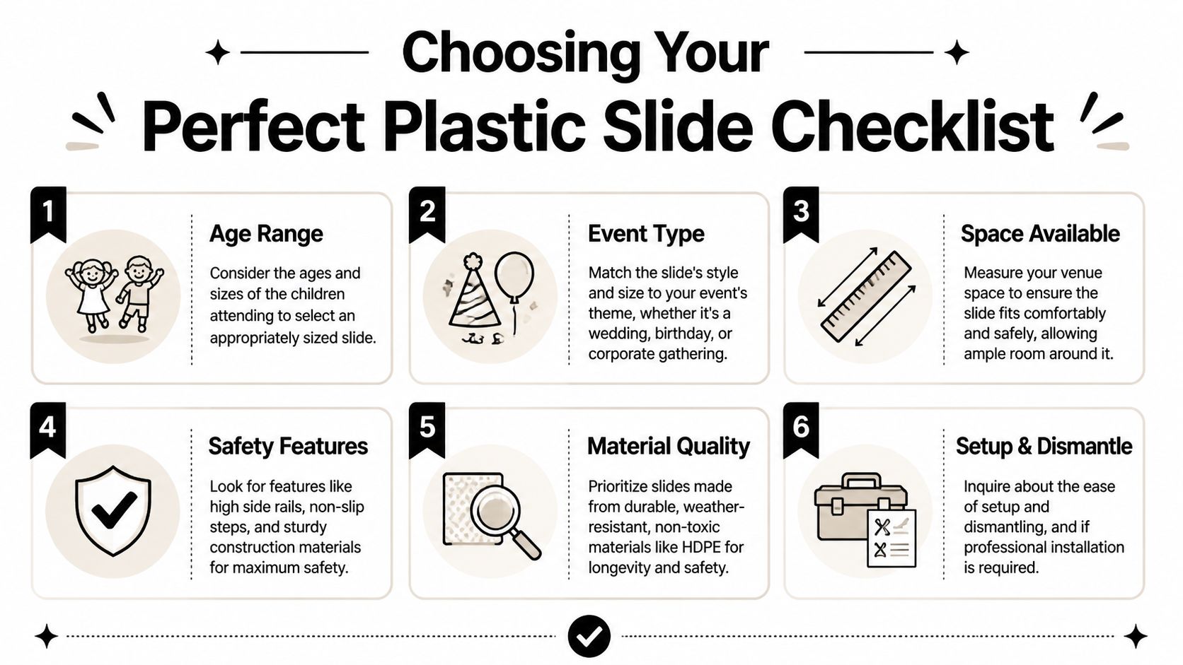 A helpful infographic titled Choosing Your Perfect Plastic Slide Checklist with six key safety and sizing tips.