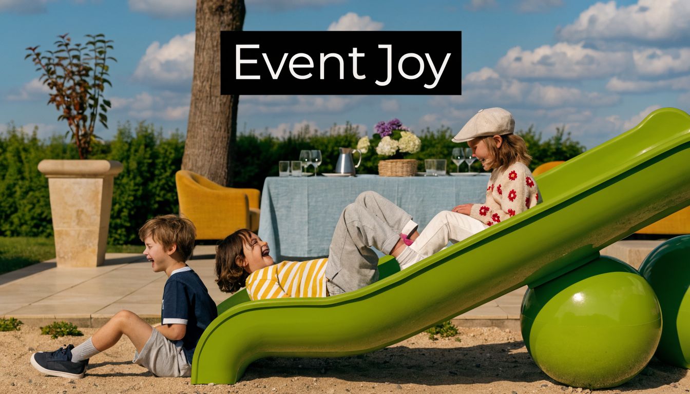 Three happy children playing together on a green plastic slide in a sunlit outdoor garden setting.