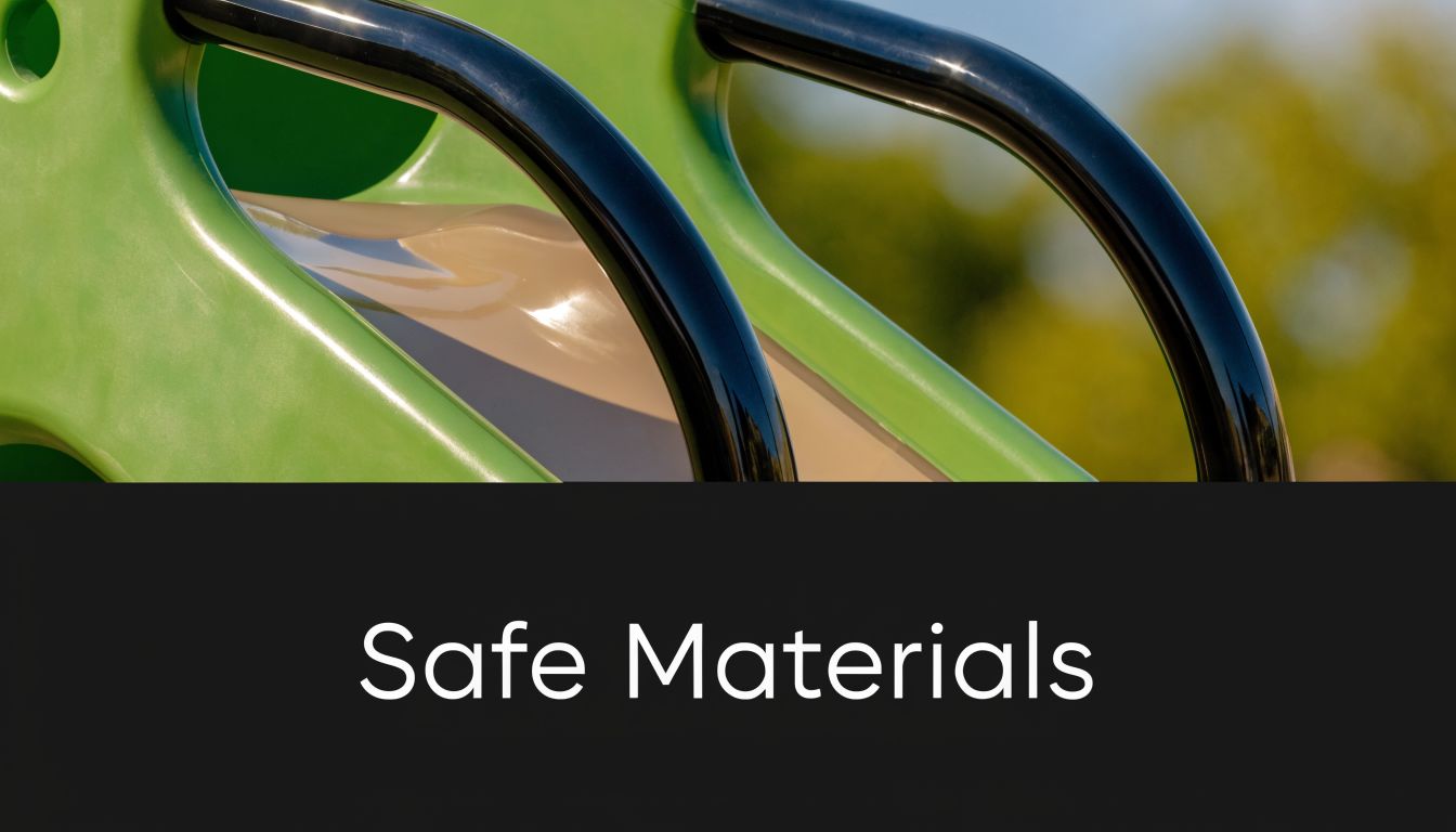 A close-up view of a green and tan playground slide with black handrails and text saying Safe Materials.